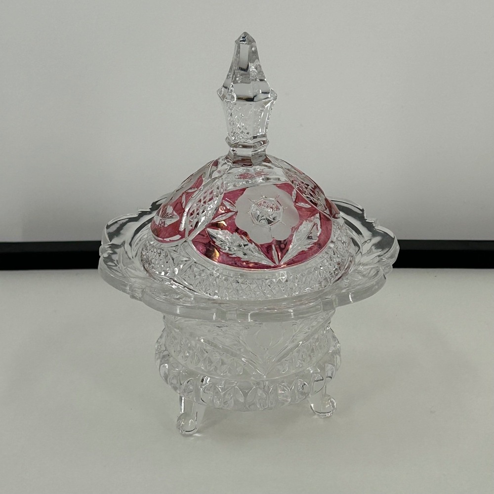 Vintage Footed Glass Candy Dish with Cranberry Flash Rose Lid Clear Pressed Bowl